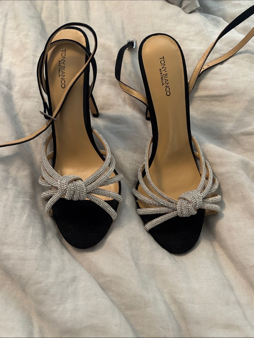 Tony Bianco Black Slingback Heels with Silver Crystal Knot Straps